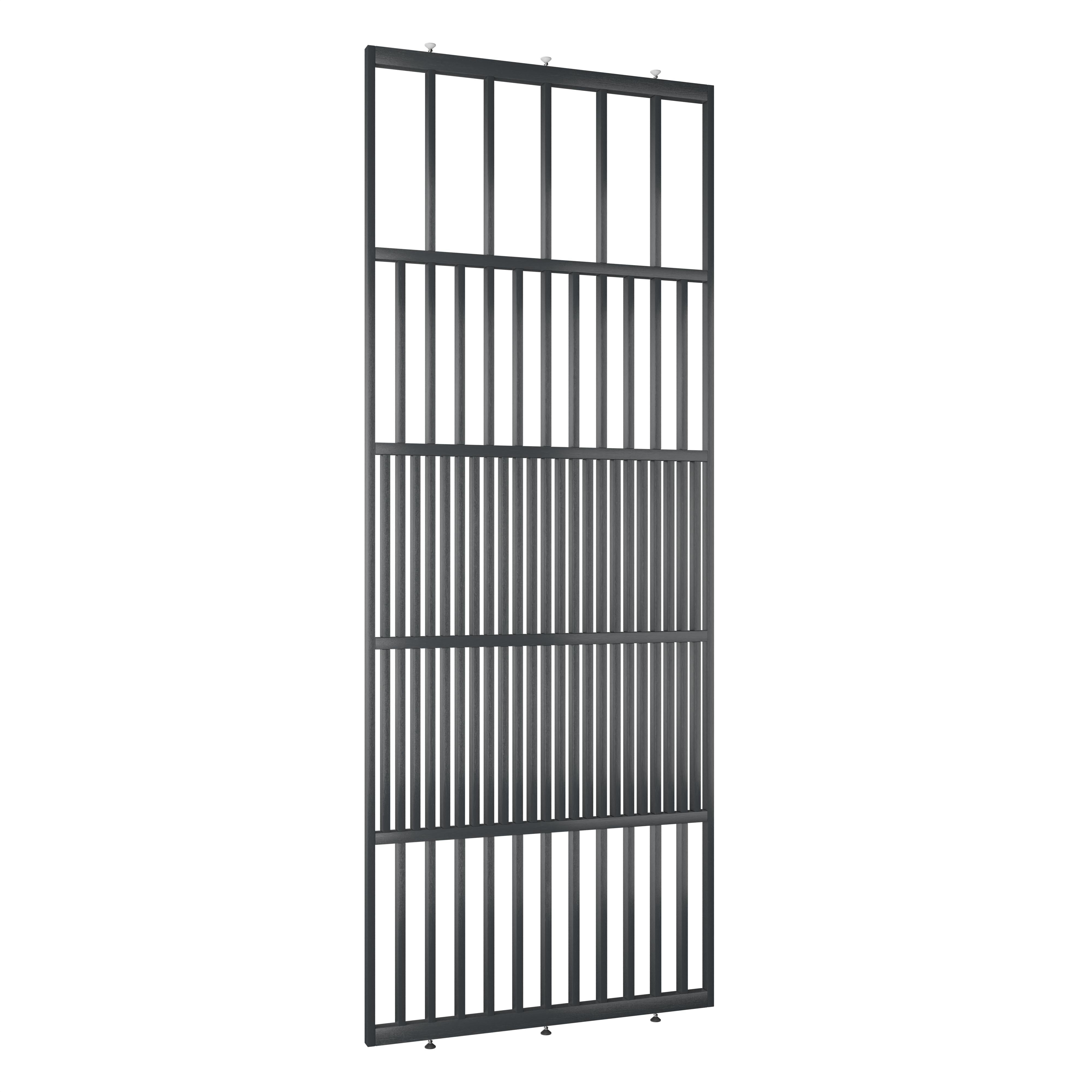Houten roomdivider van RAL7021 massief eiken, ontworpen voor een strakke, hotel chique uitstraling. Een elegante toevoeging aan elk interieur.