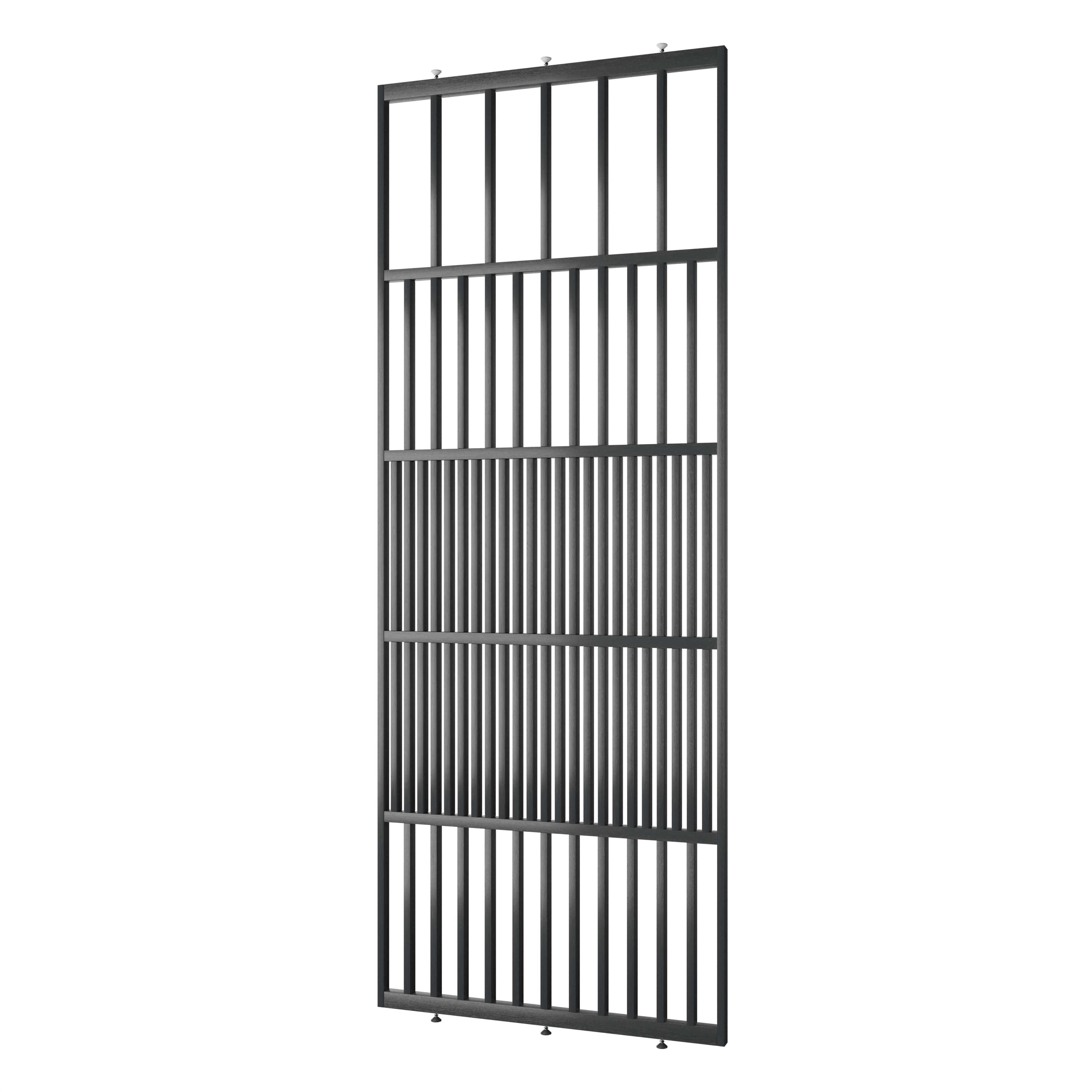 Houten roomdivider van RAL7021 massief eiken, ontworpen voor een strakke, hotel chique uitstraling. Een elegante toevoeging aan elk interieur.