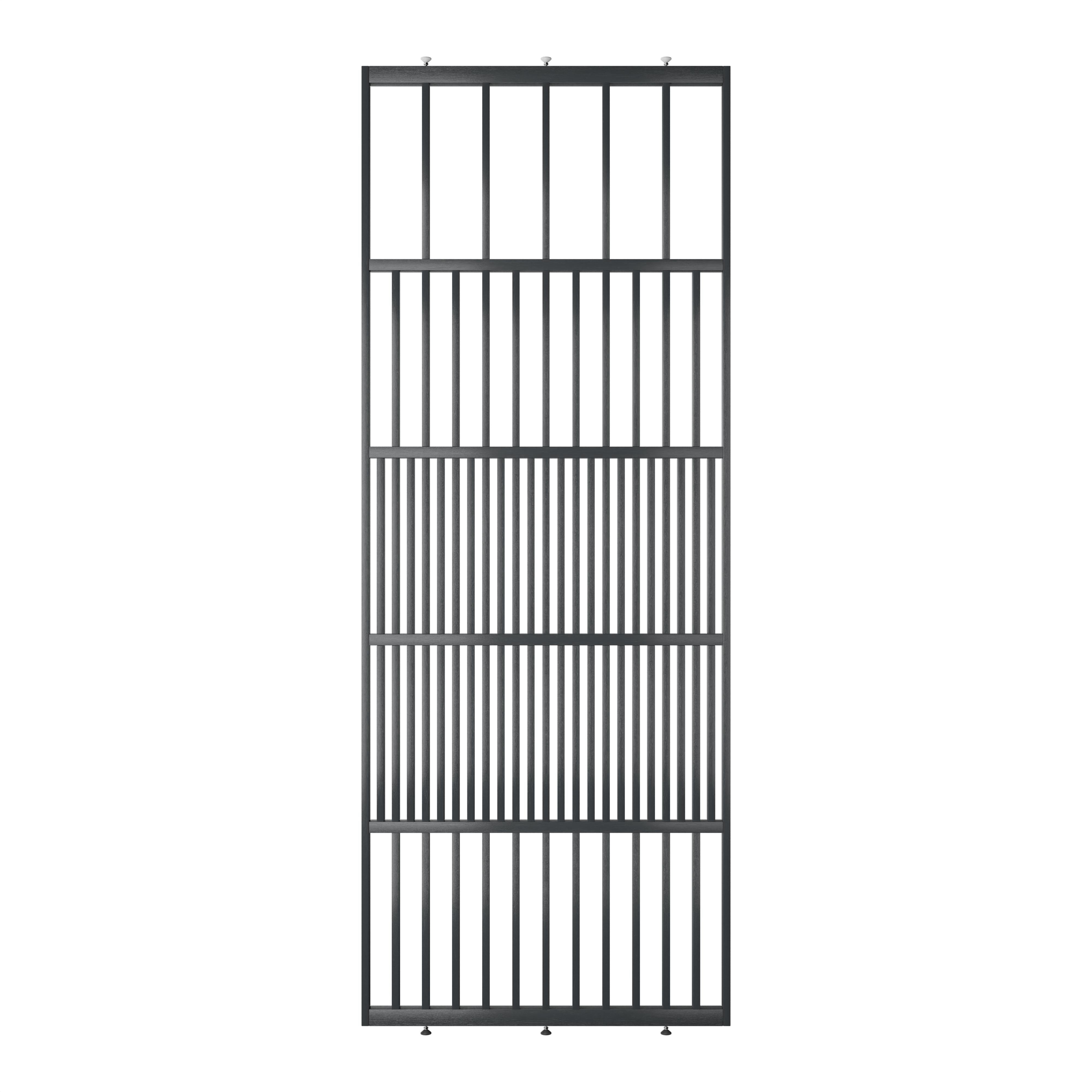 Houten roomdivider van RAL7021 massief eiken, ontworpen voor een strakke, hotel chique uitstraling. Een elegante toevoeging aan elk interieur.