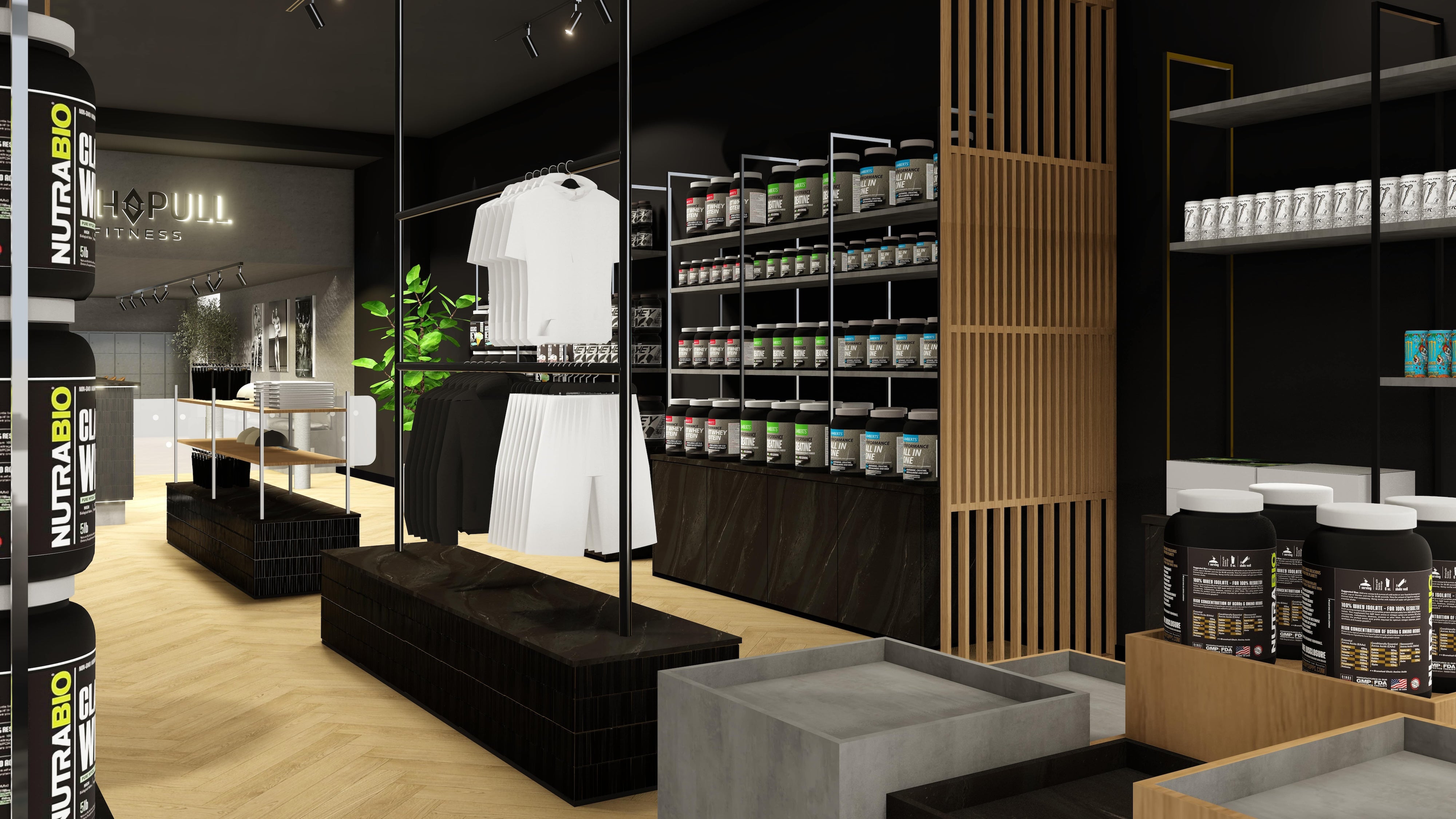 Op maat gemaakte houten roomdivider te zien in een winkel. Stijlvol en functioneel, ideaal voor het creëren van gescheiden ruimtes