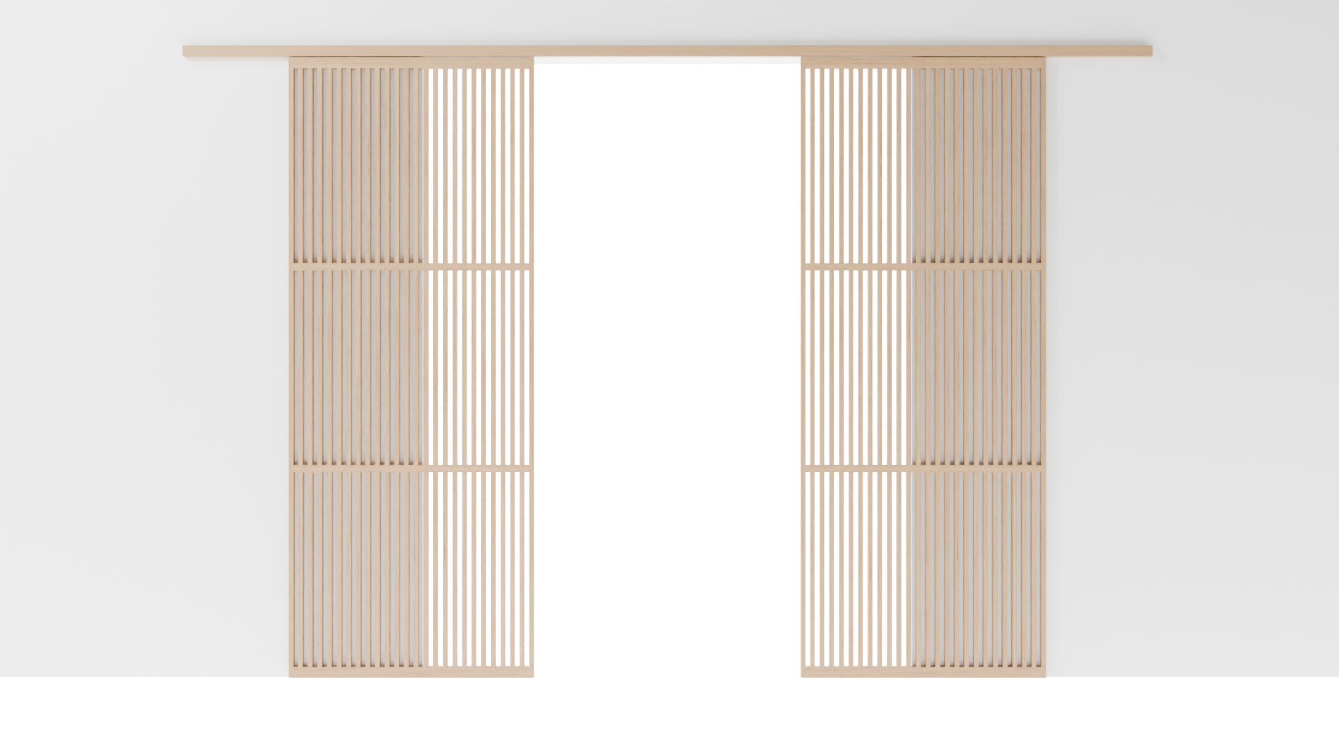 Minimalistische Japanse schuifdeuren, opgebouwd uit 2 panelen gelakt massief eikenhout, met strakke lijnen en een serene uitstraling
