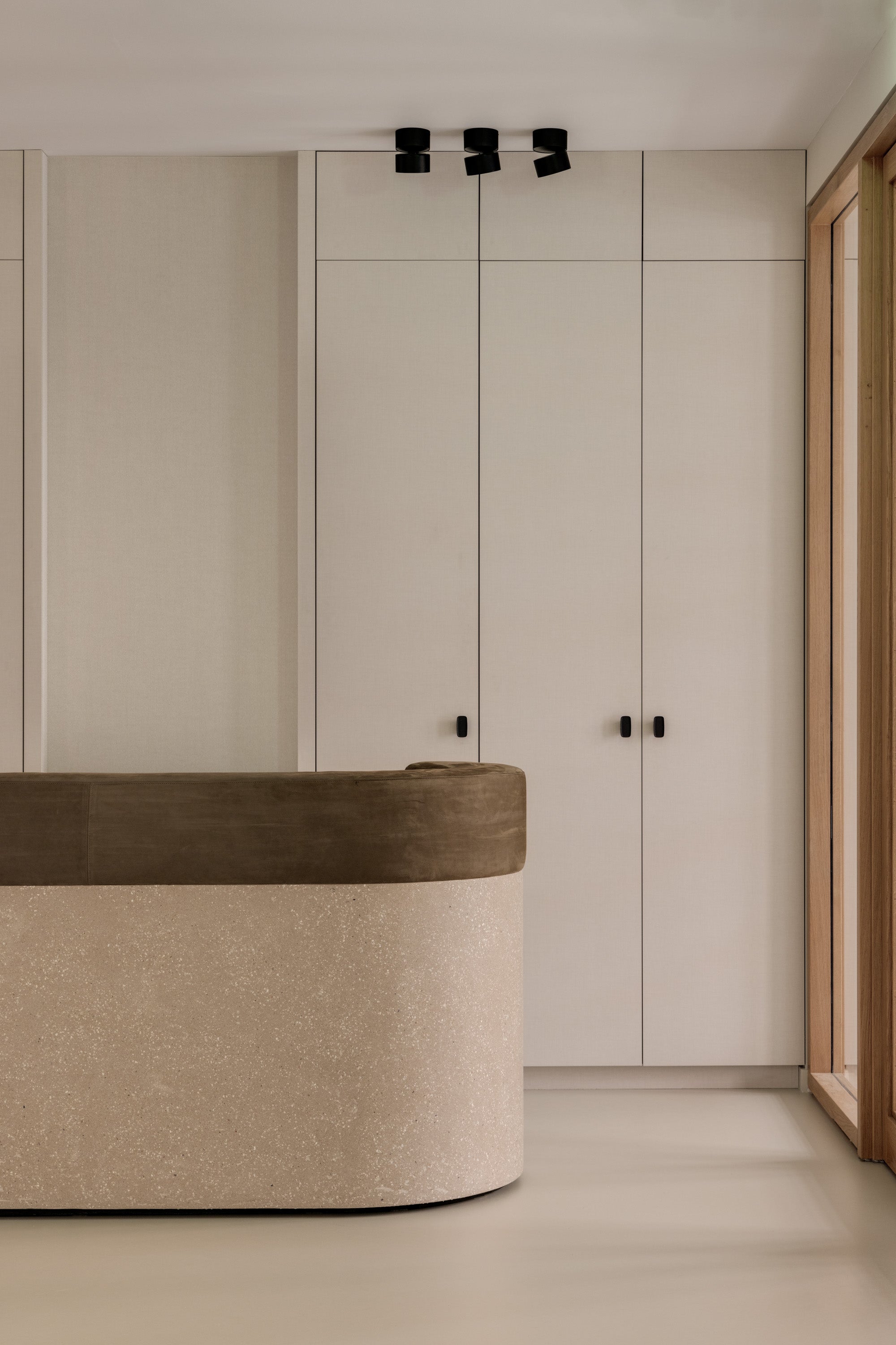 XXL houten scheidingswand in kantoor met 4 draaideuren en aparte deur. Uniek design en technische oplossingen voor een high-end project.