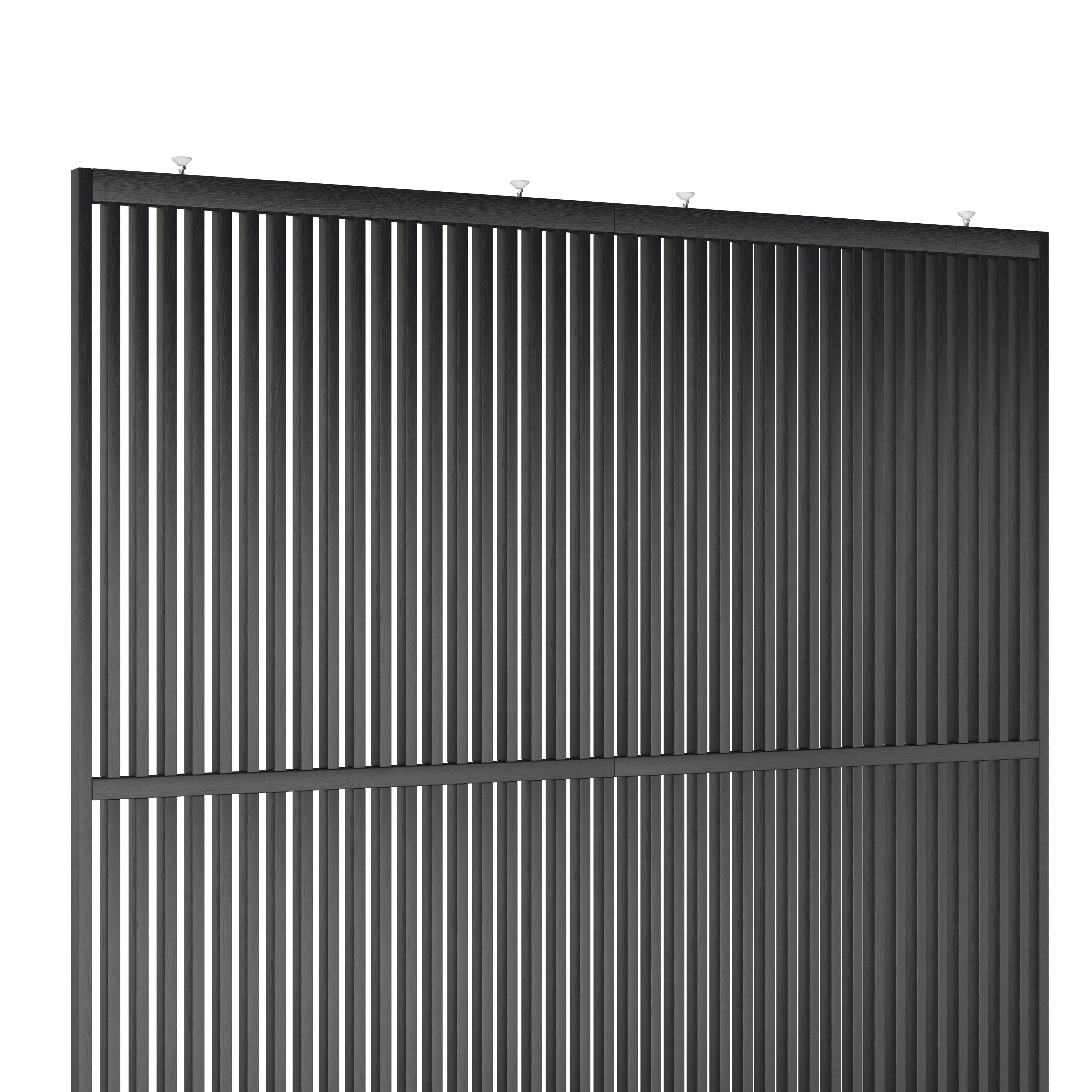 Houten roomdivider met twee gekoppelde delen in XL, van RAL9005 gelakt massief eiken voor een strakke, natuurlijke uitstraling