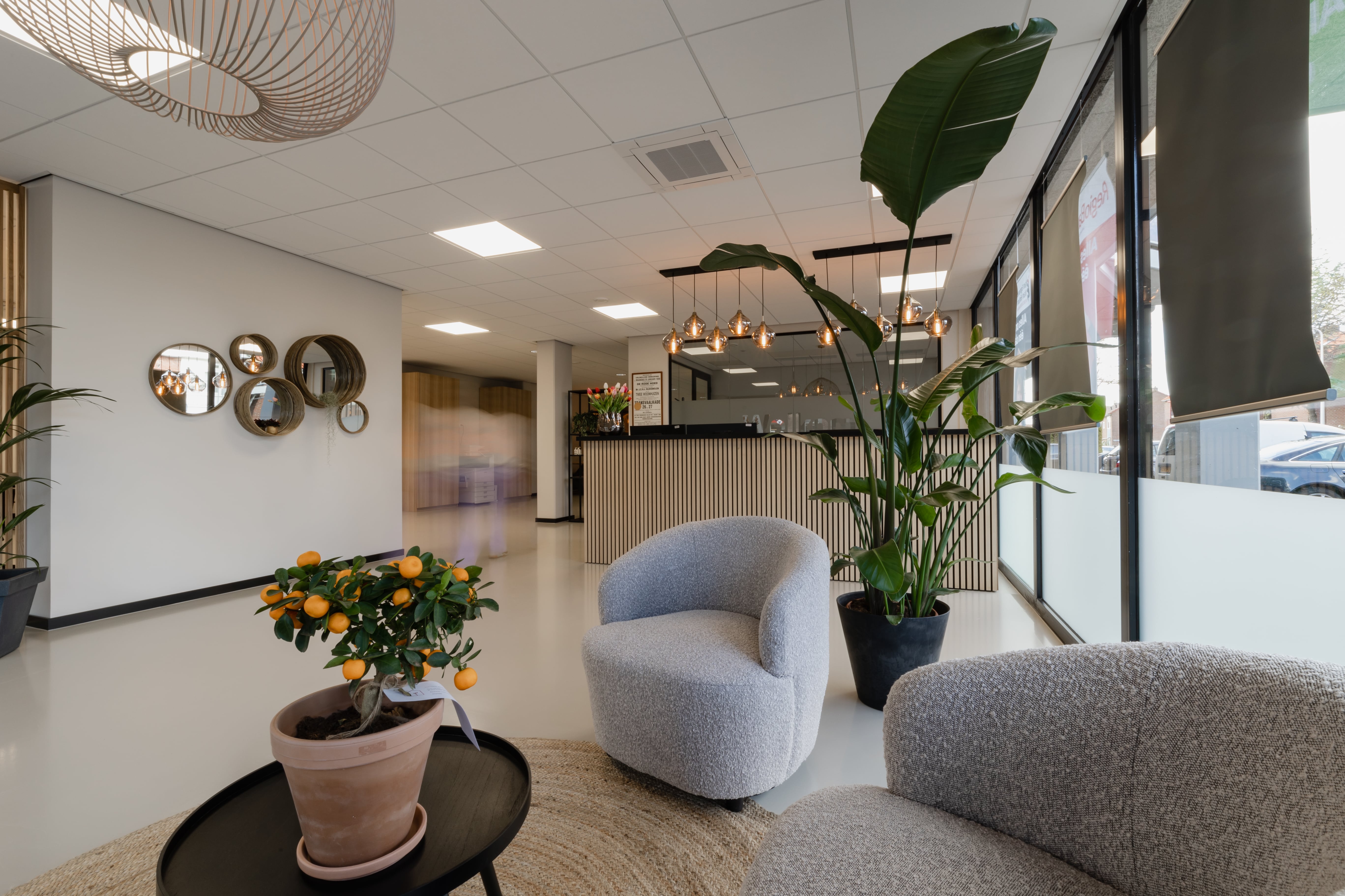 XL houten scheidingswand in een kantoor zorgt voor een elegante verdeling van werkruimtes, biedt privacy en behoudt een open, lichte sfeer in de ruimte.