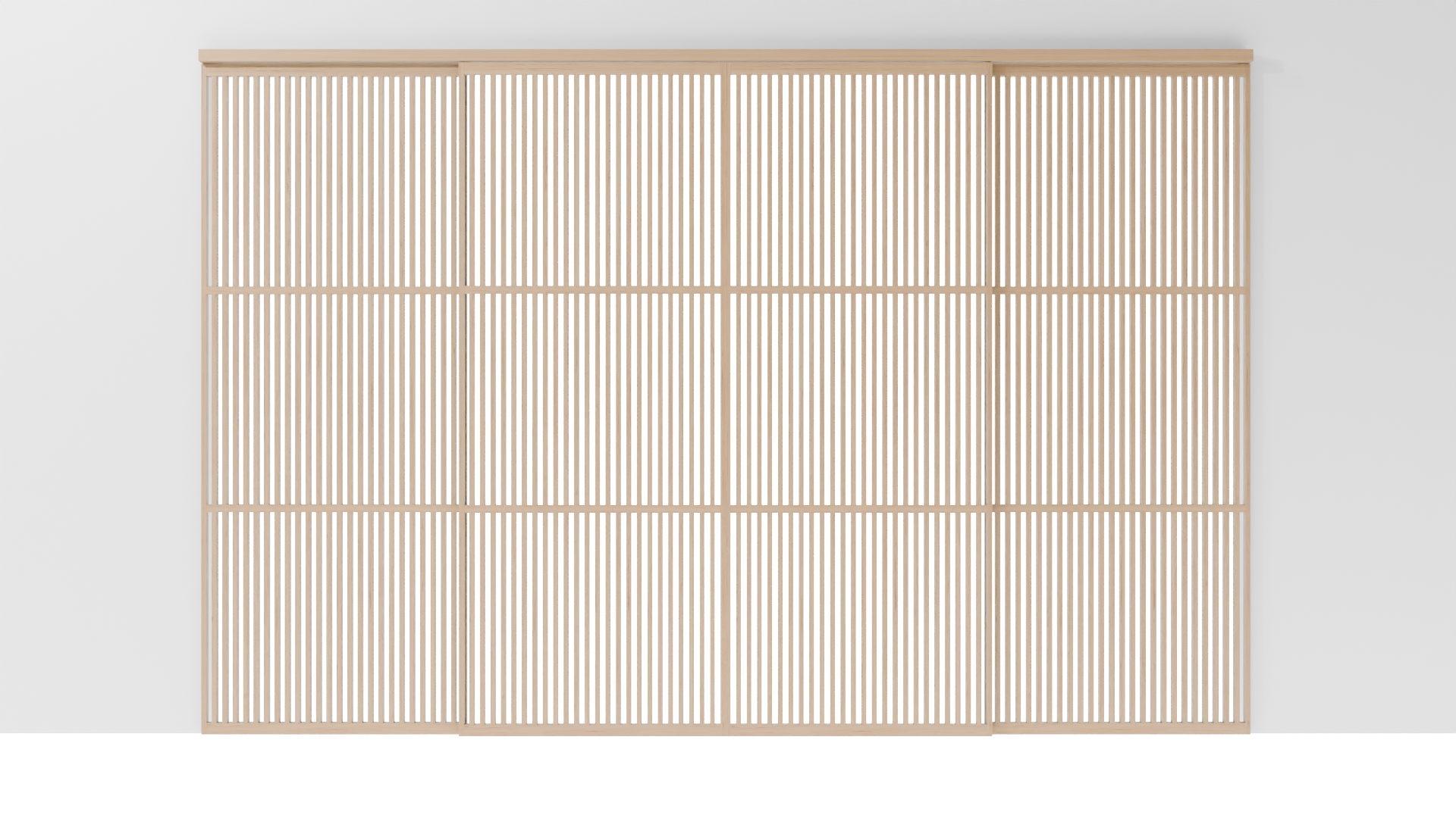 Minimalistische Japanse schuifdeuren, opgebouwd uit 4 panelen gelakt massief eikenhout, met strakke lijnen en een serene uitstraling