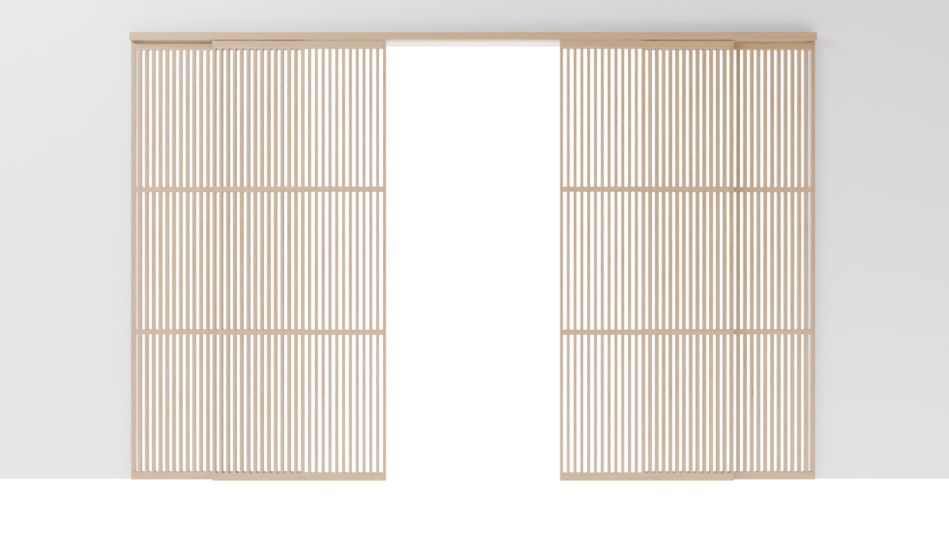 Minimalistische Japanse schuifdeuren, opgebouwd uit 4 panelen gelakt massief eikenhout, met strakke lijnen en een serene uitstraling