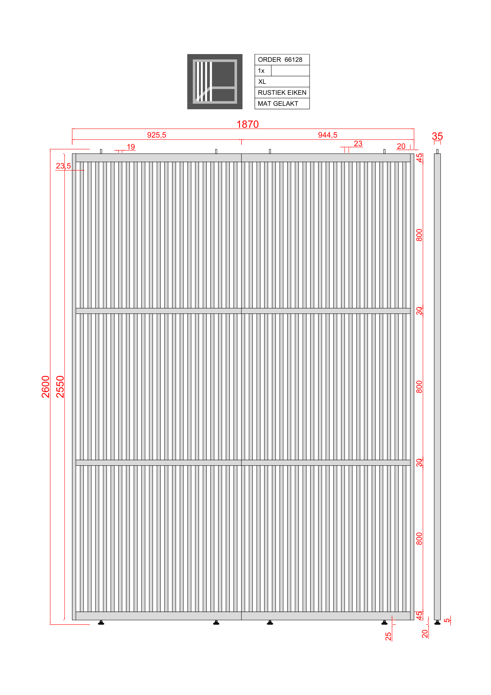 Technische maatwerk tekening van een houten roomdivider met afmetingen 2600 x 1870 mm