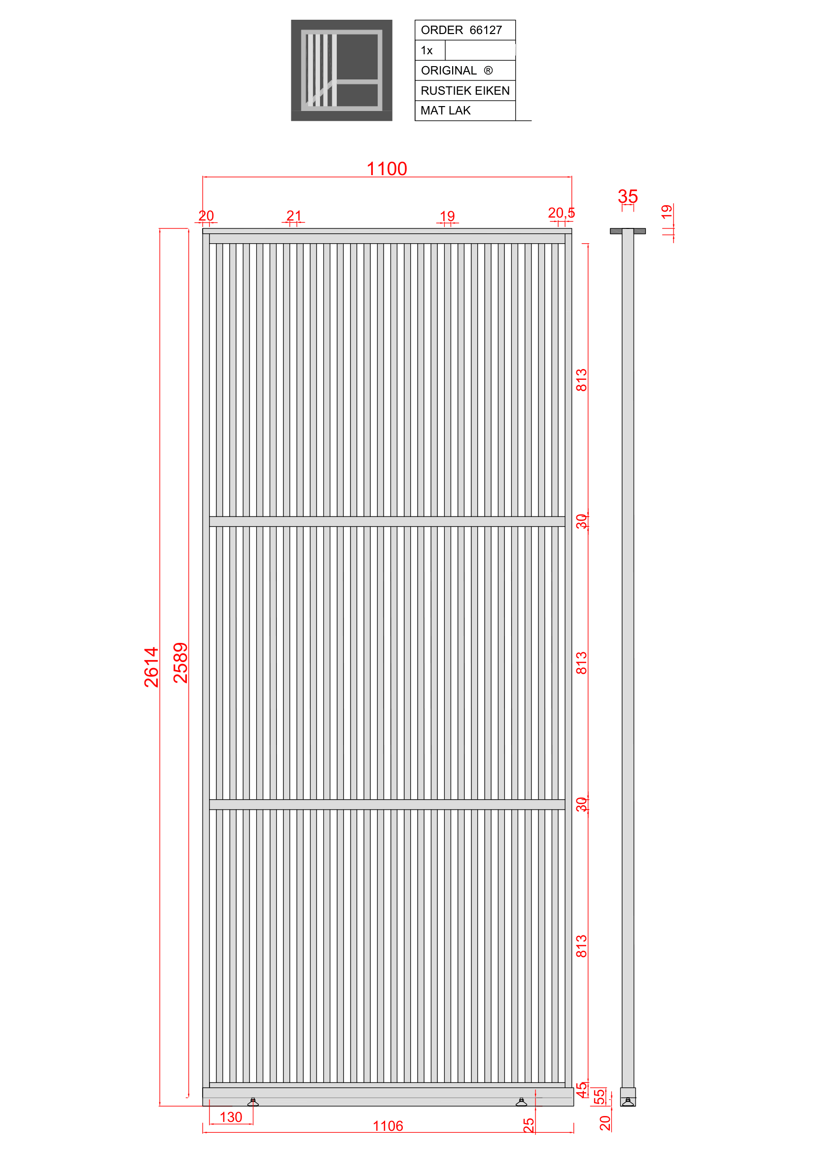 Technische tekening van een houten roomdivider op maat met afmetingen 2614 x 1100 mm